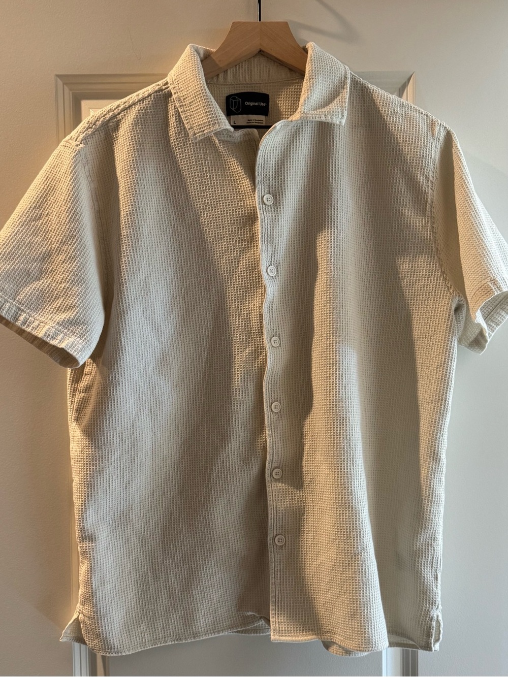 Original Use Men’s Large Waffle Weave Button Front Shirt Cream 100% Cotton beach